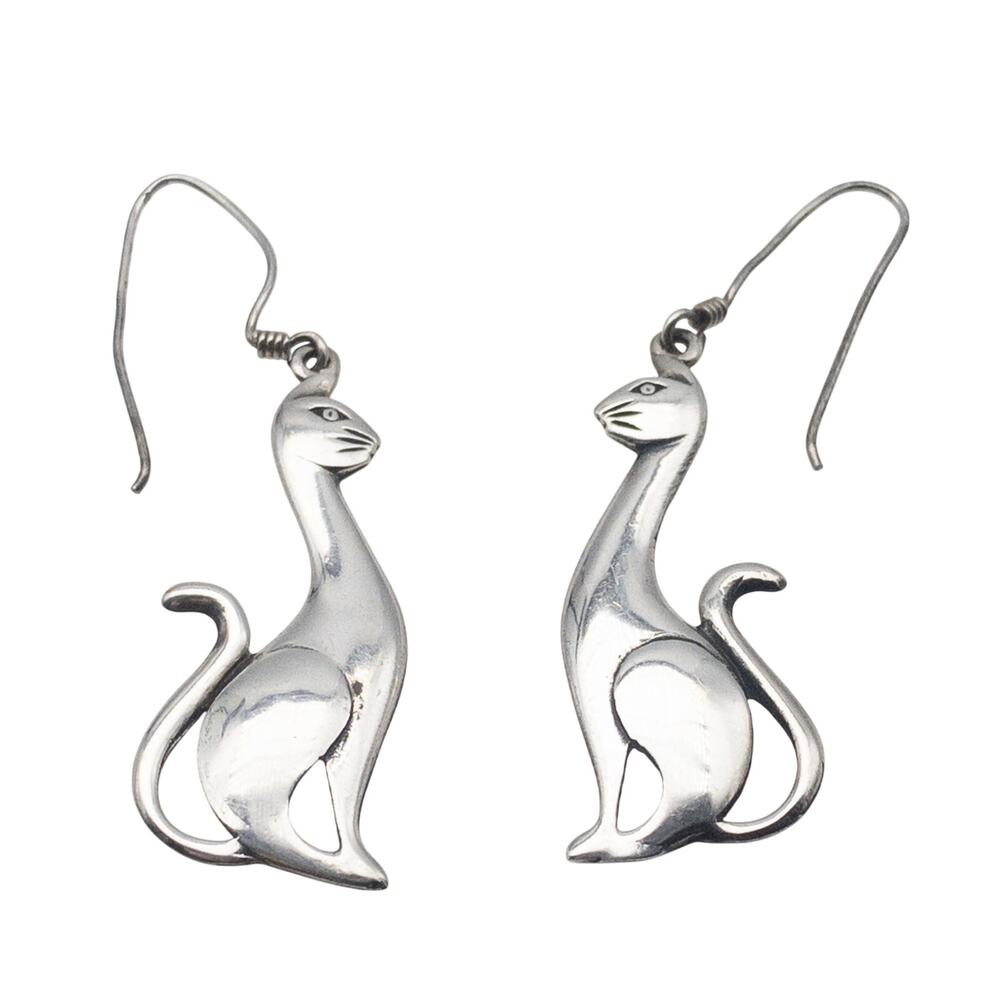 Sterling Silver Cat Dangle Earrings 925 CW Kitty